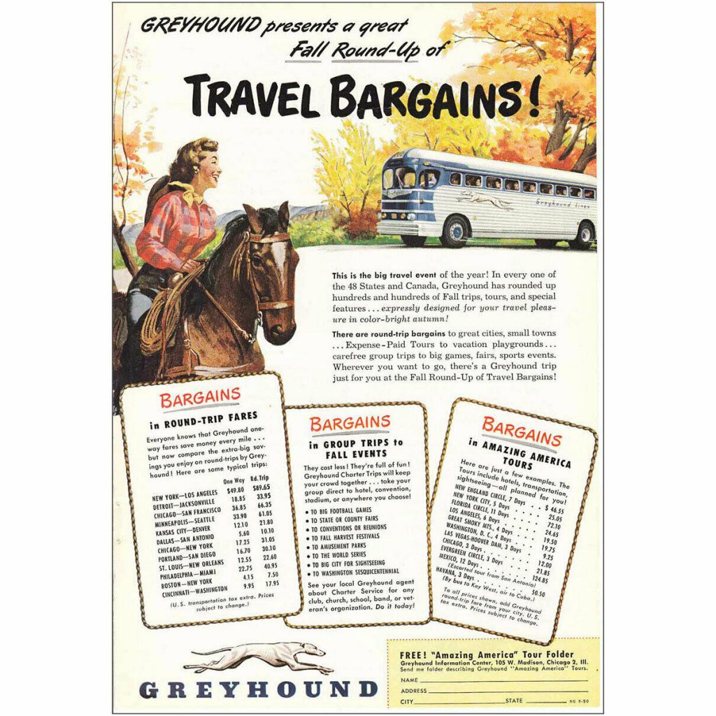 1950s vintage advertisement for Greyhound bus fall bargains featuring an illustration of Fall leaves, a bus and woman on a horse. 