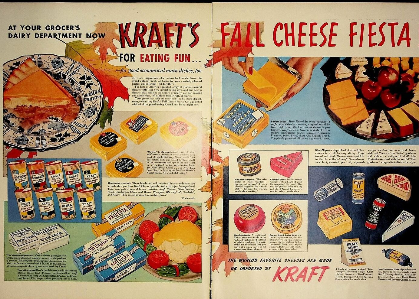 1950s vintage advertising: 1950 Kraft's Fall Cheese Fiesta featuring  all the cheeses Kraft makes or imports. 