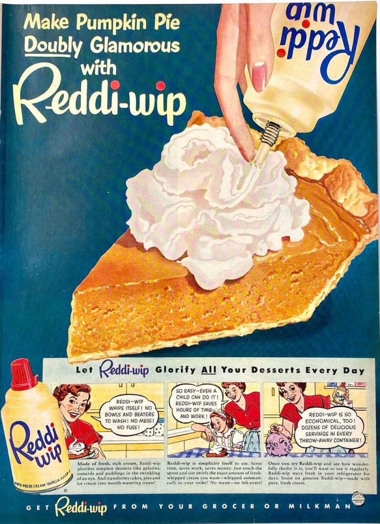 1950s vintage ad for A 1951 Reddi-Wip print ad featuring a piece of pumpkin pie with whip cream on top and a cartoon talking about it.