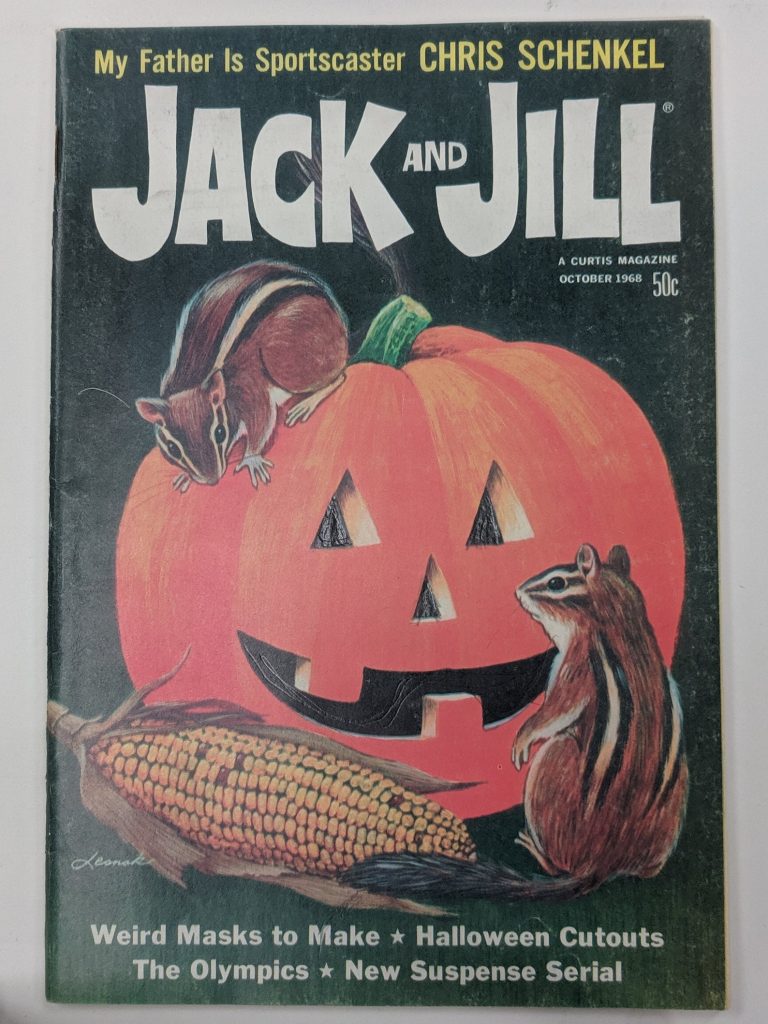 1960s vintage magazine for Jack and Jill The Better Magazine for Boys and Girls October 1968 featuring a pumpkin carved with corn and chipmunks 