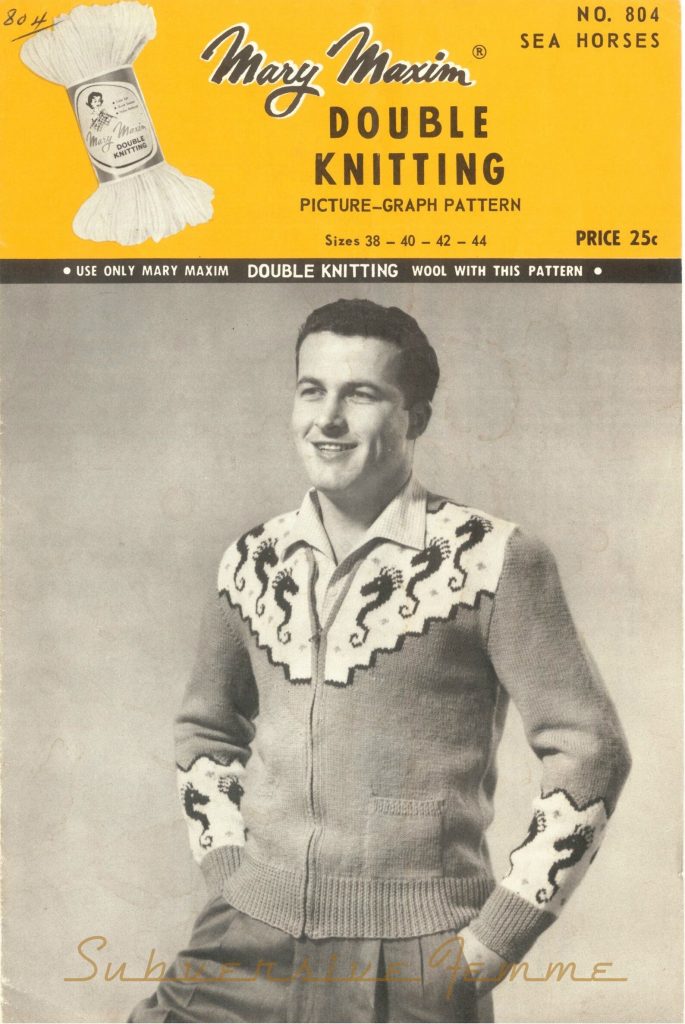 Novelty Seahorse Cardigan c 1950s - vintage knitting pattern for men. 