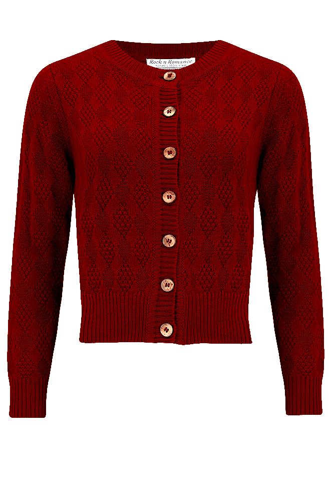 Textured Diamond Knit Cardigan in Deep Red, 1940s & 50s Vintage Style