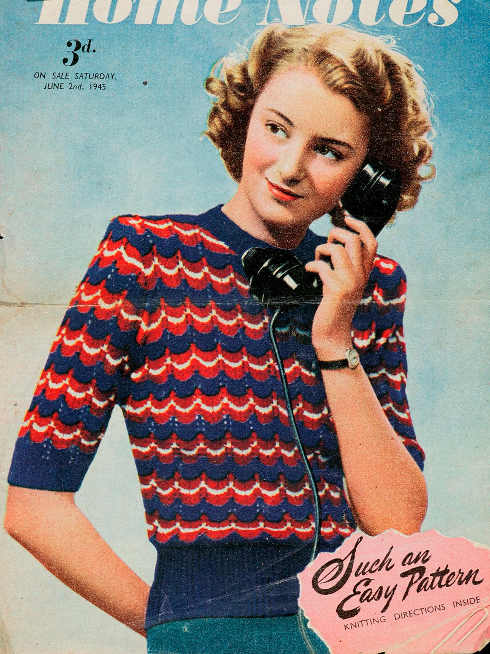 Victory Jumper 1945 WW2 Knitting Pattern. Image showcases a young woman in 1940s hairstyles in a colourful sweater on the phone. 