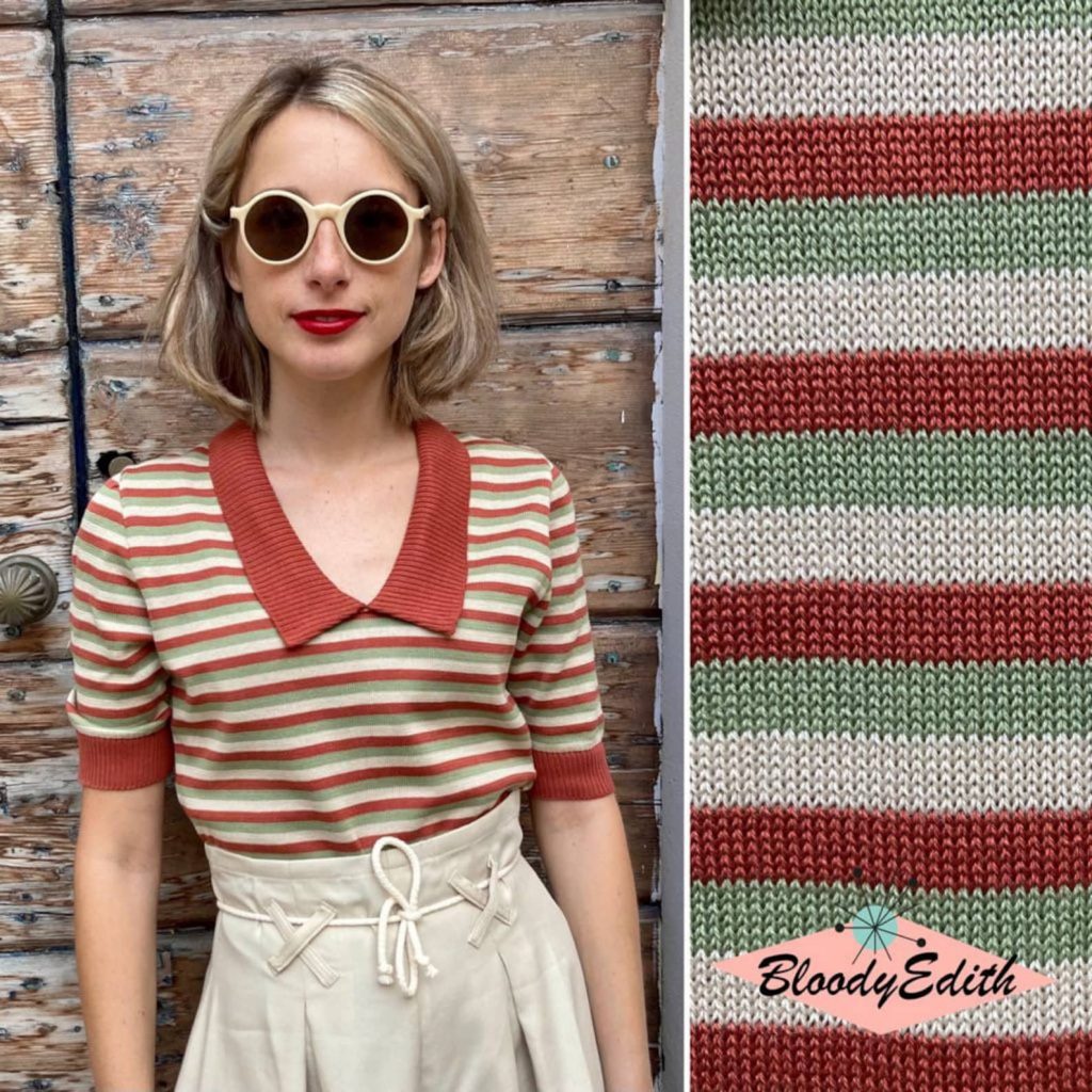 Vintage 1940s 1950s Style Rust, Pistachio and Ochra Stripes Cotton “Mirna” Sweater Jumper