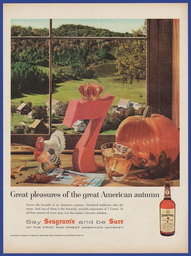 1950s vintage Ad for a 1958 Seagrams Whiskey-7 Crown vintage ad. "Great pleasures of the great American Autumn"