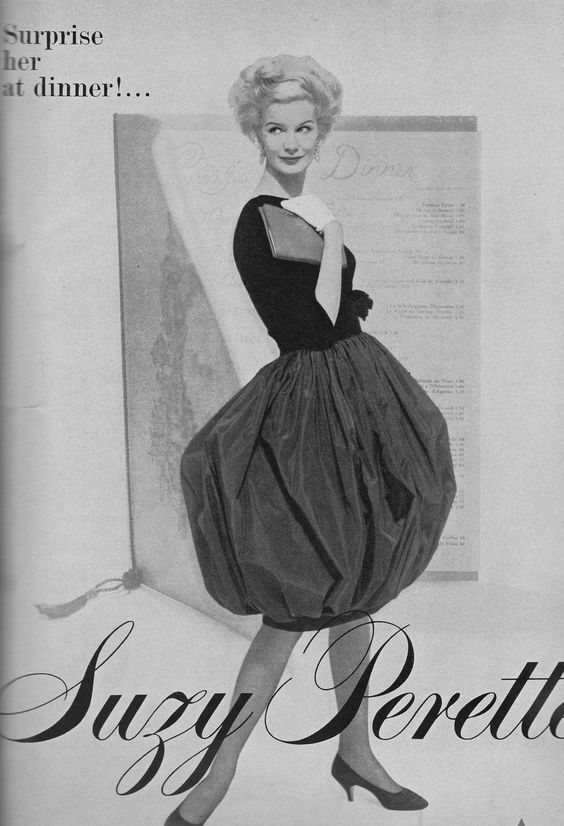 1950s fashion ad for Suzy Perette 1958 featuring a 1950s dress