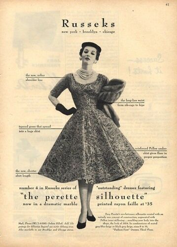 1950s Fashion: 1953 Russeks PRINT AD "The Perette Silhouette" Fashion Design Dress 