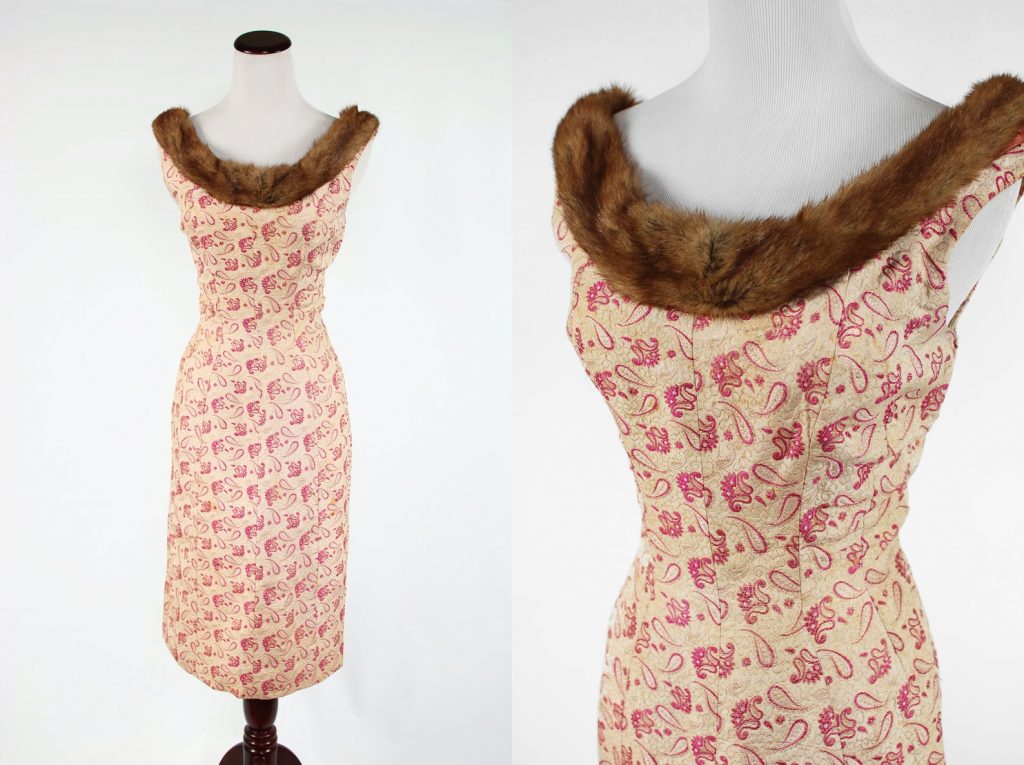 1960's 'Suzy Perette' Floral Paisley Brocade Fur Collar Sleeveless Sheath Dress