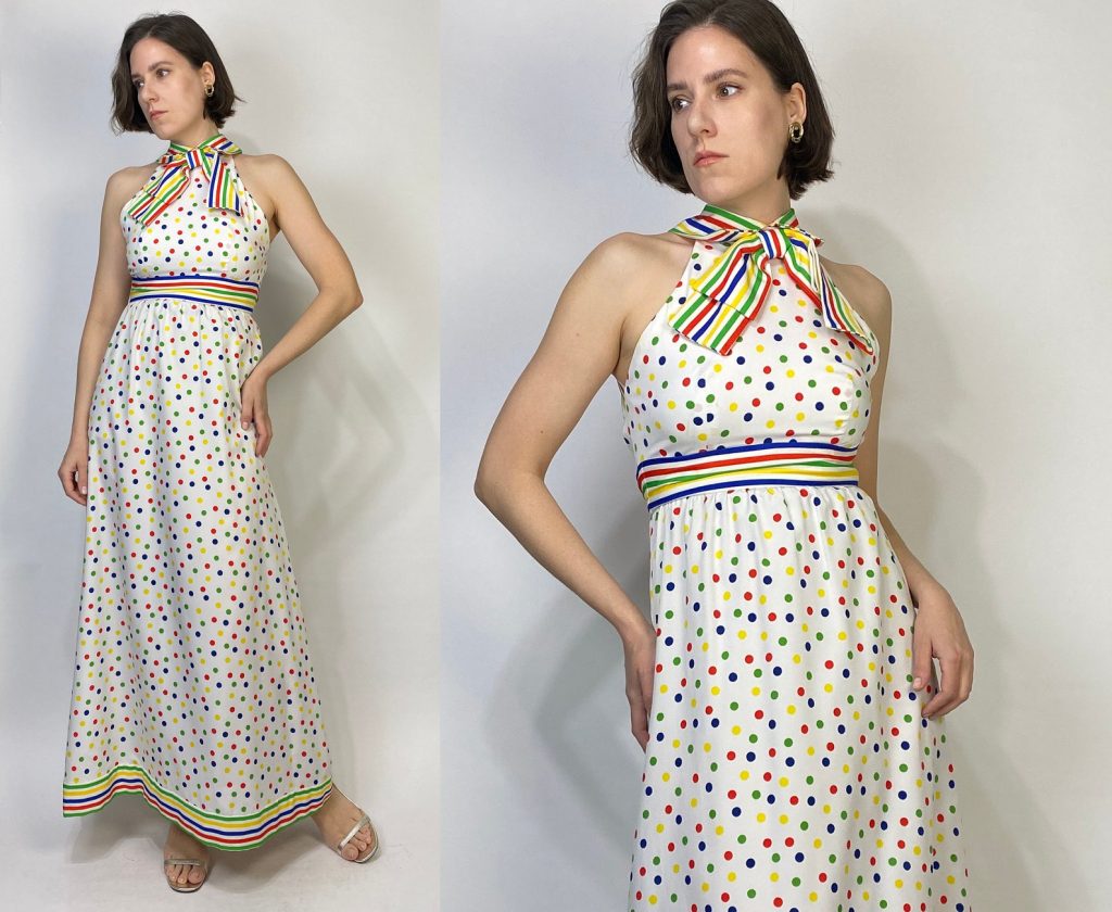 1970s gorgeous slim maxi dress with low back and adorable collar and bow at the neck! 1970s Suzy Perette Dress in a 1930s style