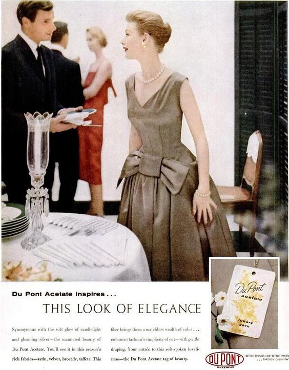 Party dress by Suzy Perette, DuPont ad, 1955. 1950s fashion ad.