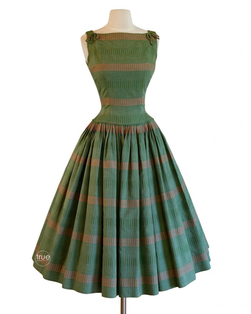 vintage 1950's Suzy Perette green with contrasting vertical stripes brocade dress