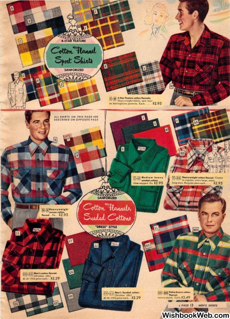 1950s Mens Shirts. Cotton Flannel Sport Shirts as seen in a Sears Christmas Catalog.