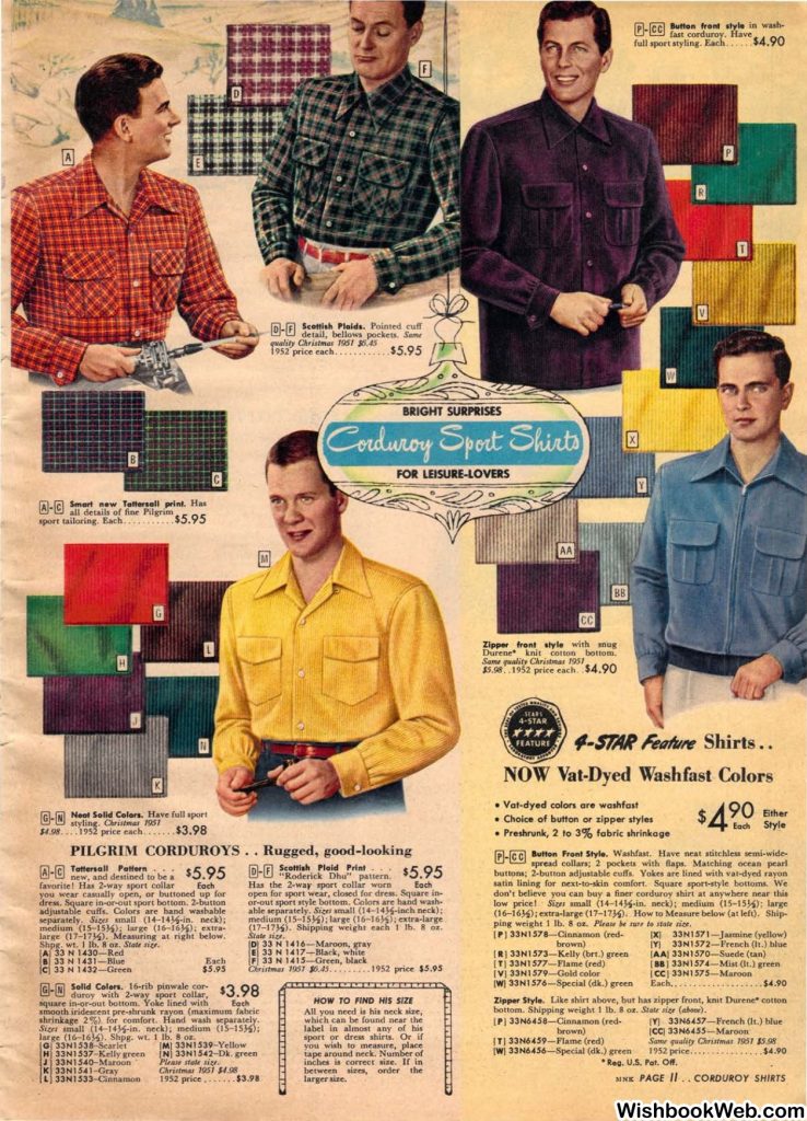 1950s Mens shirts. Corduroy shirts in plaids and solids as seen in 1950s Sears Christmas Catalog. 