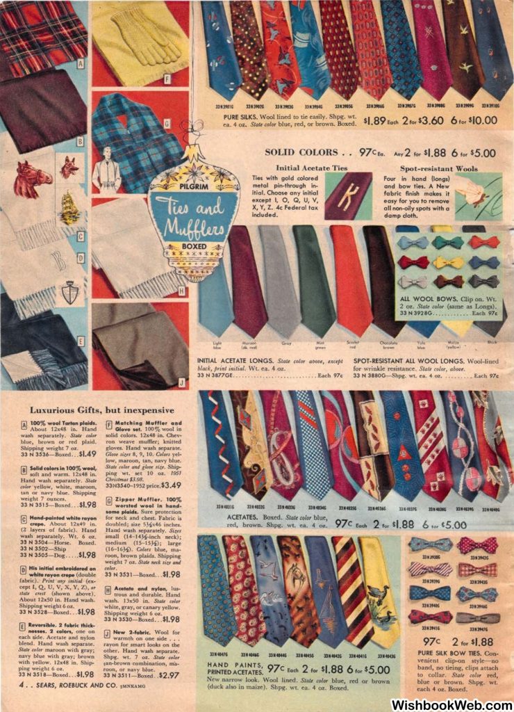 1950s Mens ties and bowties as seen in a 1952 sears Christmas Catalog