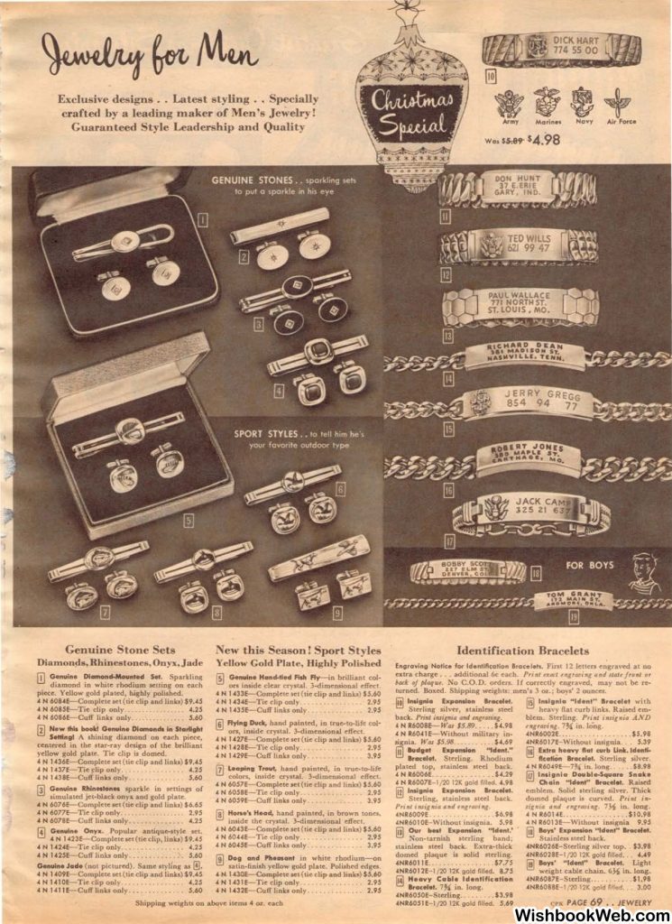 1950s mens fashion-Cufflinks, tie clips and identifcation bracelets as seen in a 1950s Sears Christmas Catalog