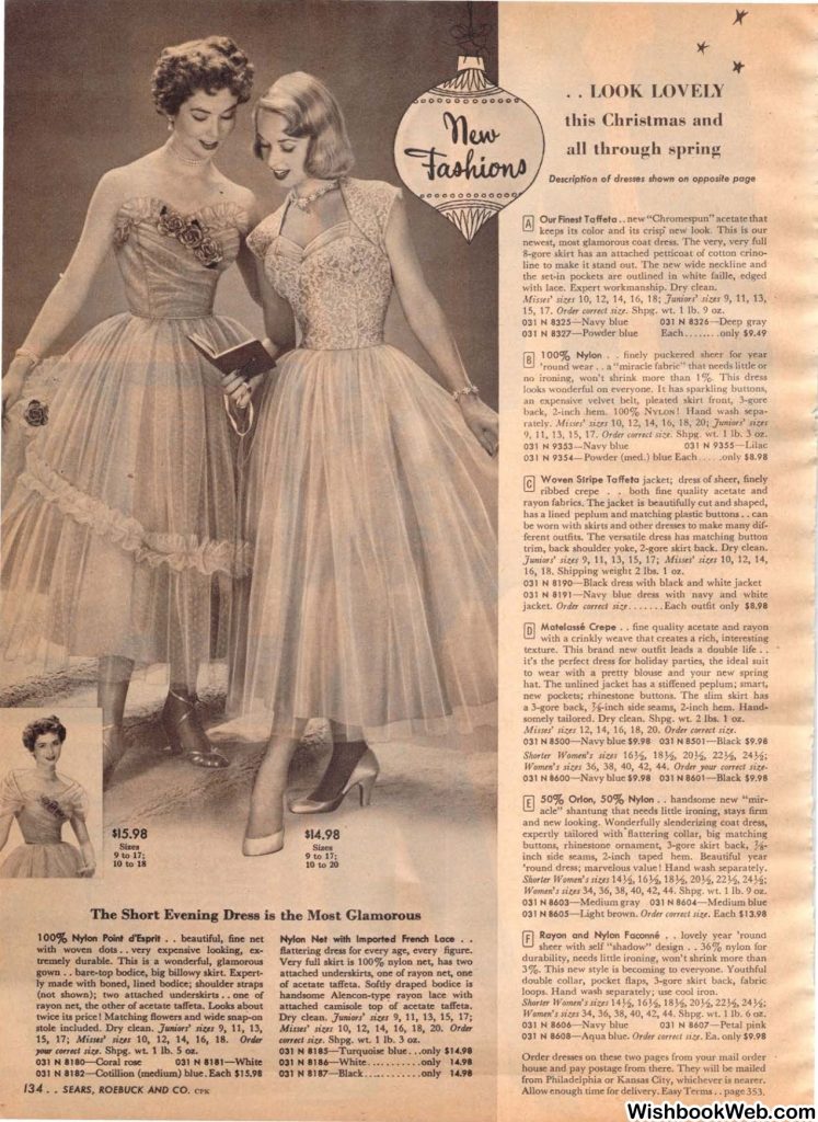 1950s womens fashion- 1950s Evening Dresses as seen in a 1950s Sears Catalog