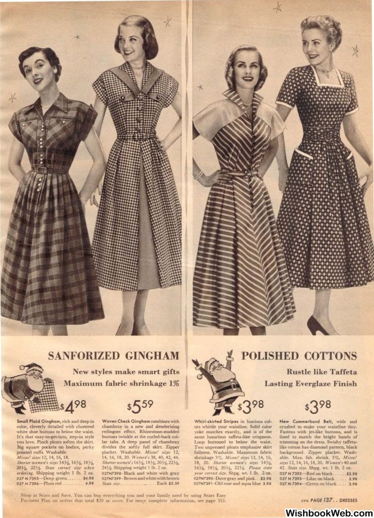 1950s womens fashion - 1950s gingham dresses 1950s cotton dresses as seen in a 1950s Sears Christmas Catalog