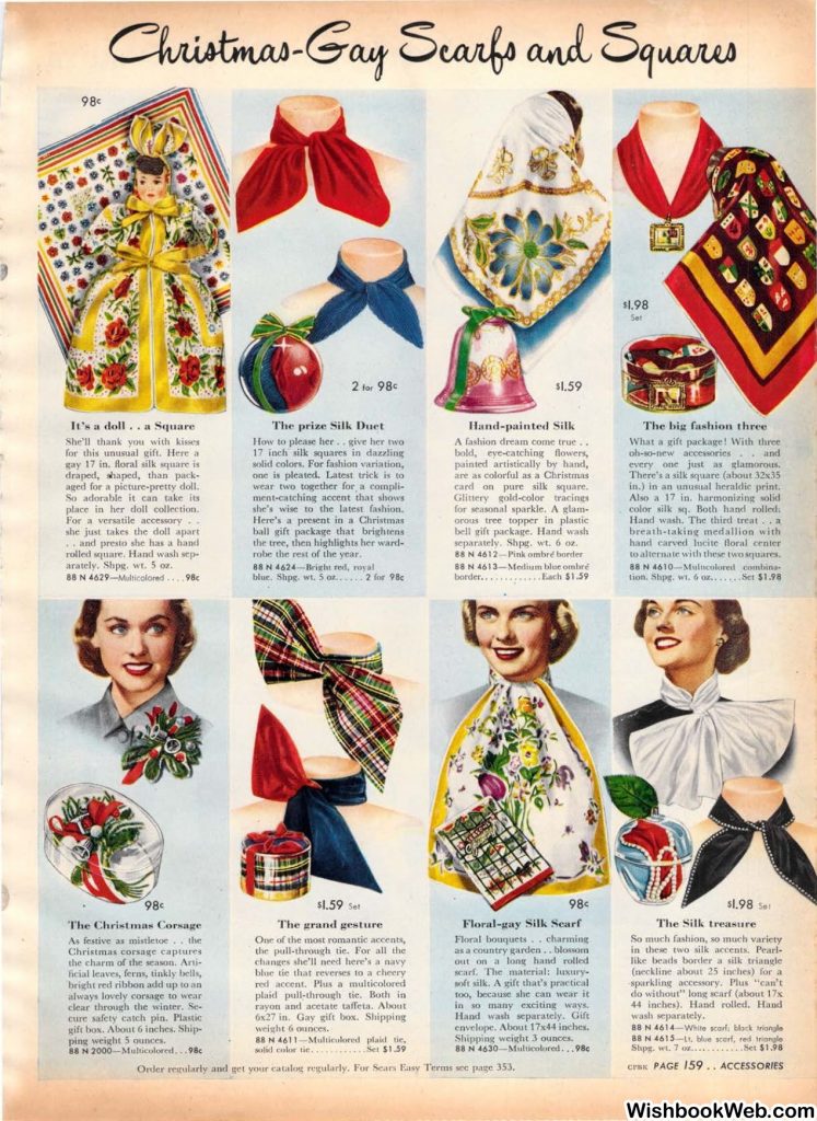 1950s womens fashion- Christmas scarfs and squares as seen in a 1950s Sears Christmas Catalog