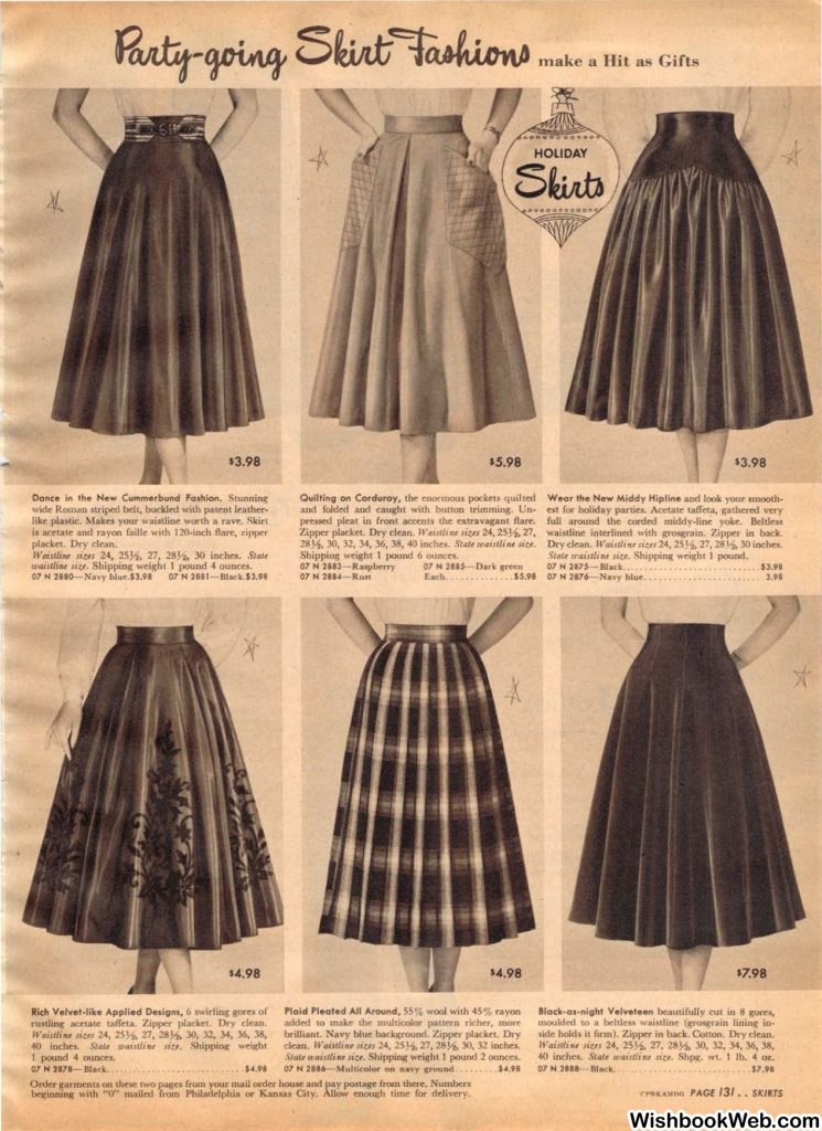 1950s womens fashion-Holiday skirts. 1950s full skirts as seen in a 1950s Sears Christmas Catalog