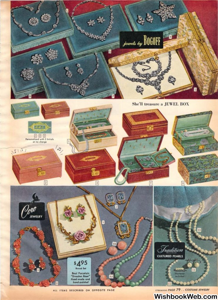 1950s Women's Fashion Accessory-Jewelry and Jewelry boxes as seen in a 1950s Sears Christmas Catalog