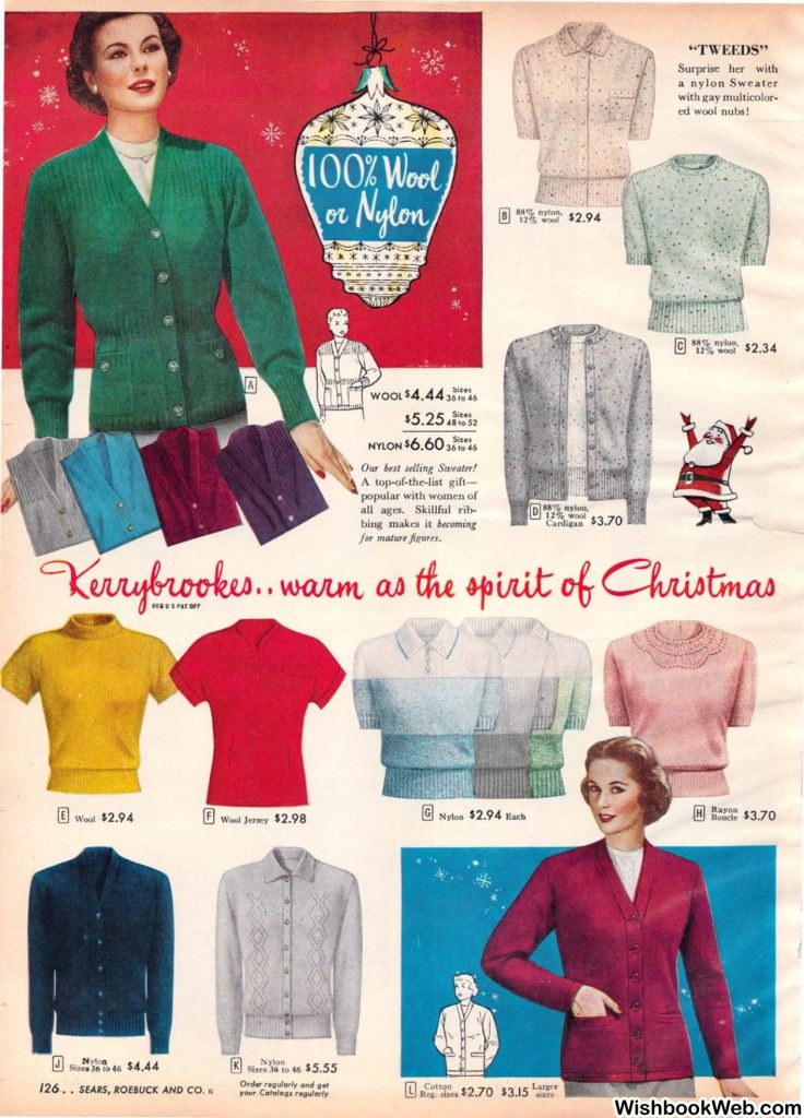 1950s women's fashion-Sweaters and cardigans as seen in a 1950s Sears Christmas Catalog