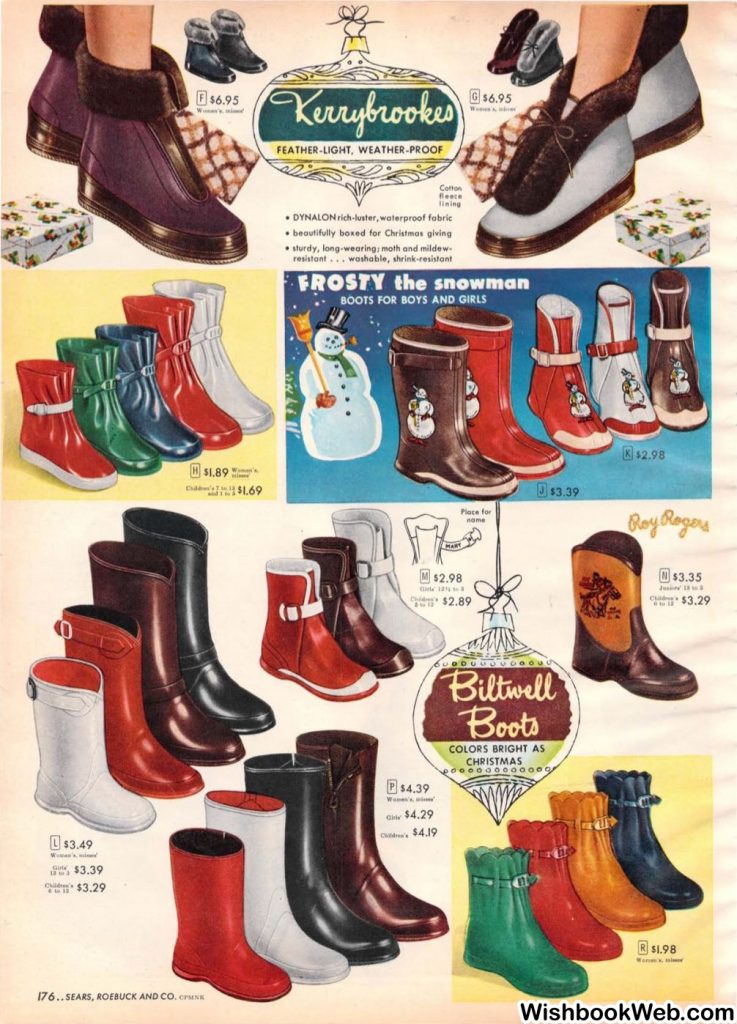 1950s womens fashions - 1950s winter boots and golashes as seen in a 1950s Sears Christmas Catalog