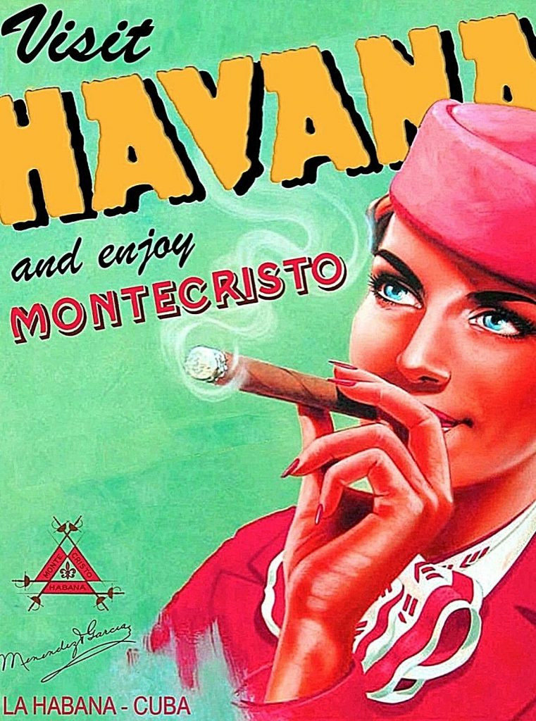 Vintage cuba travel poster featuring a flight attendent smoking a cigar