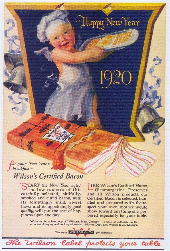 1920s vintage ad for Bacon with a New Years Eve theme