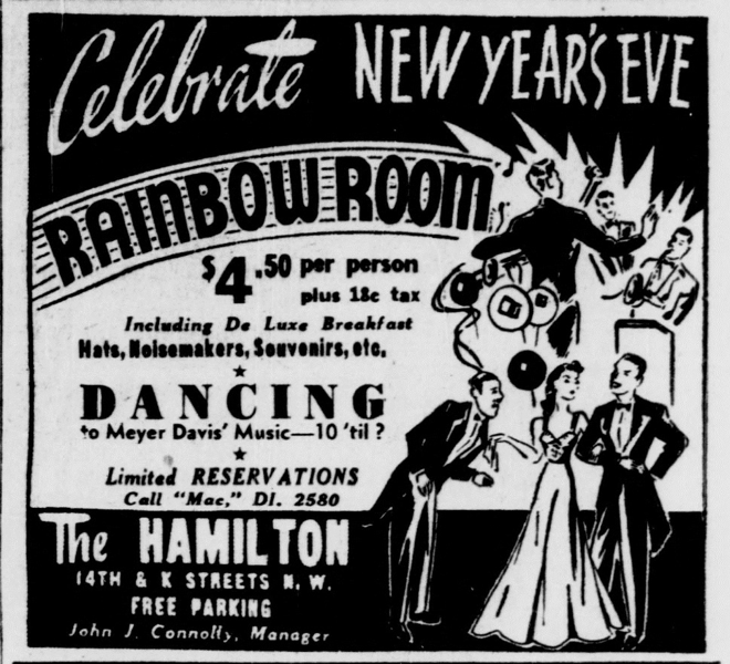 Celebrate New Year's Eve at the Rainbow Room". December 30, 1940 Washington D.C. Evening Star NYE advertisement featuring a big band and 1940s men & woman