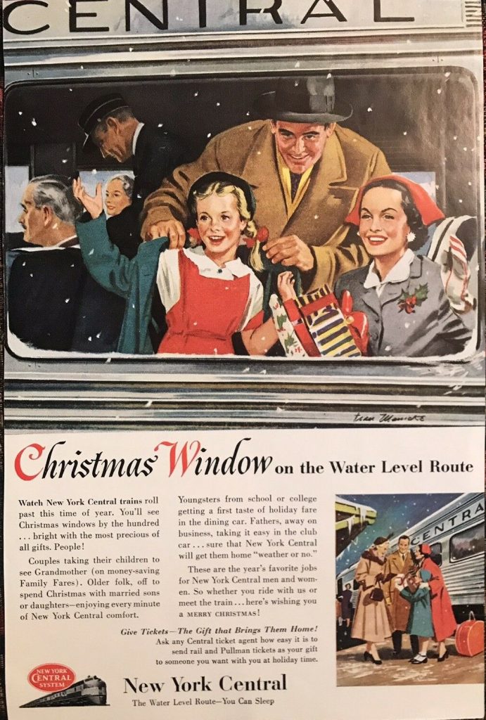 1940s vintage Christmas ad for New York Central Trains featuring a 1940s family taking the train at Christmas Time