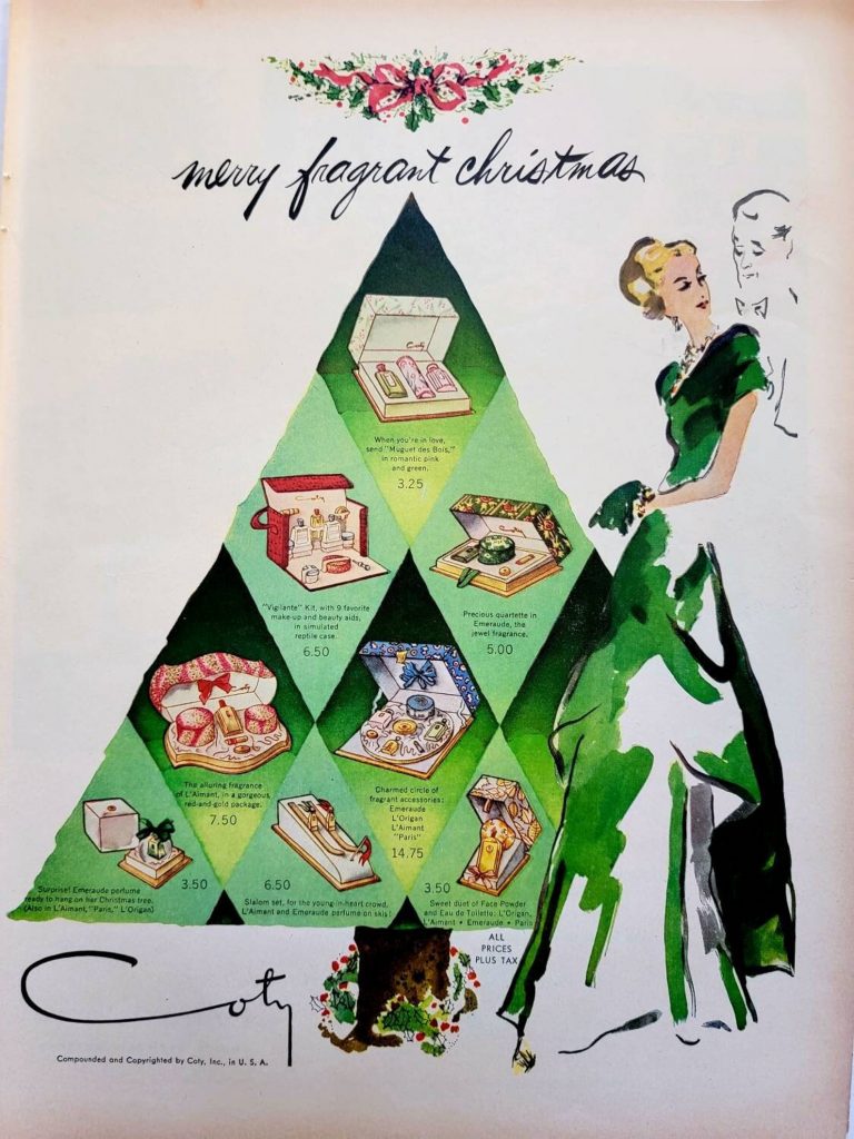 1947 Coty Cosmetics vintage ad illustration for Christmas time gift ideas