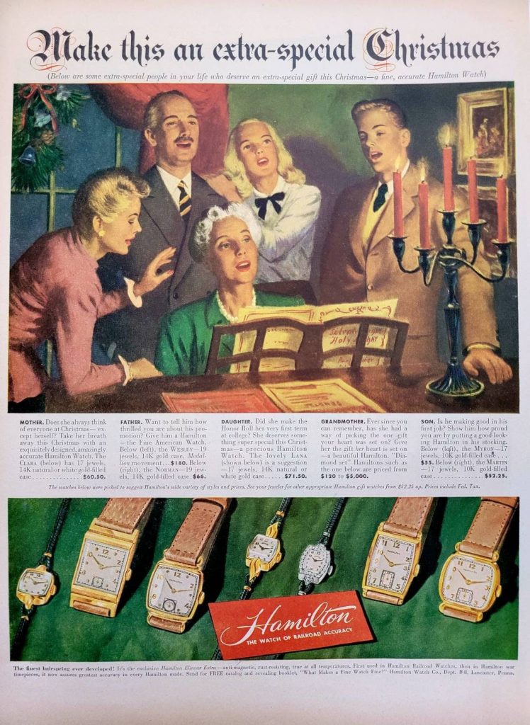 1947 Hamilton Watches Vintage Advertisement featuring a family singing around the piano. 