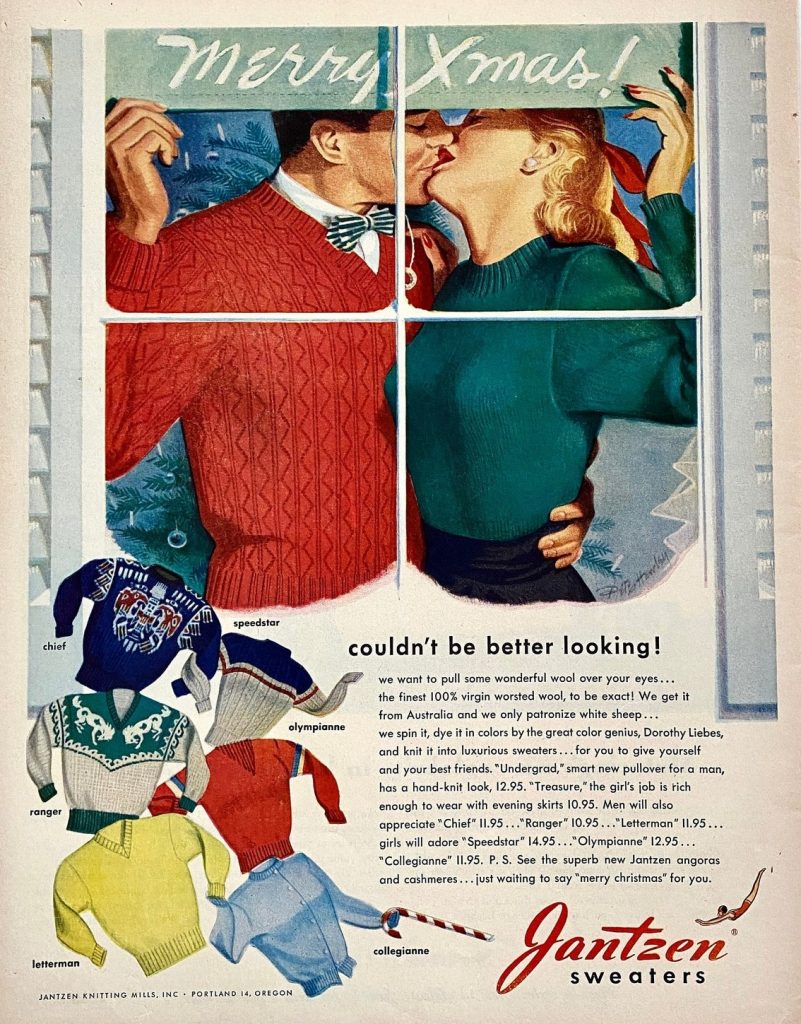 1940s Vintage Ad: 1948 Jantzen Sweater Fashion Ad featuring an illustration of a couple kissing while holding a Merry Xmas sign and wearing Jantzen Sweaters. 