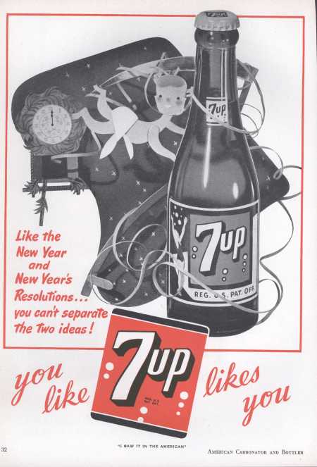 1950s Vintage 7up ad showcasing a New Years Eve theme. 