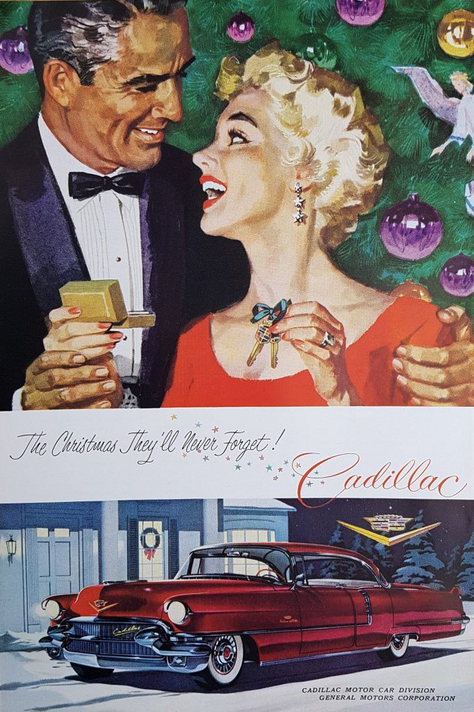 1955 CADILLAC vintage print ad featuring a 1950s couple at Christmas Time