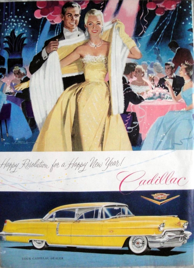 1956 Cadillac Yellow-4 Door Sedan-New Years Eve Print Vintage Ad featuring a stylish 1950s man and woman at a New Years Eve Party. 