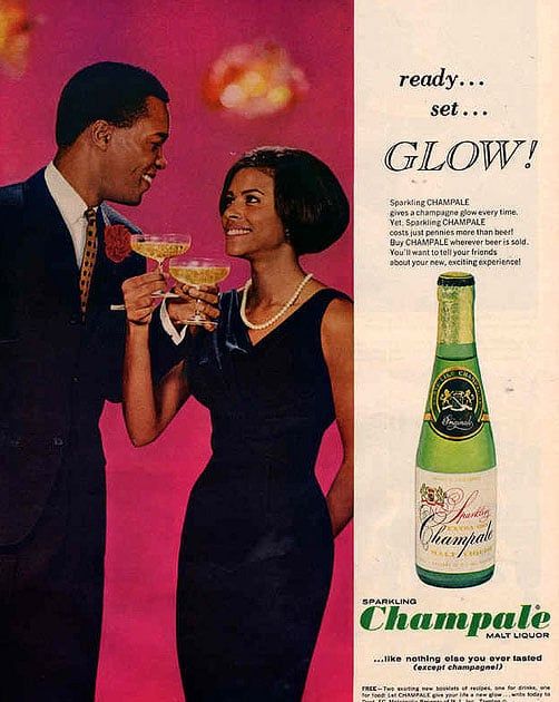 1960s vintage ad for sparkling wine featuring a stylish Black Man and Black Woman