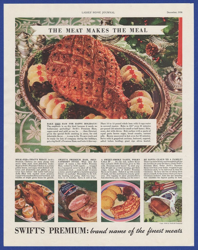 A 1936 SWIFT'S PREMIUM Meats advertisement for Christmas hams, bacon and chicken. 