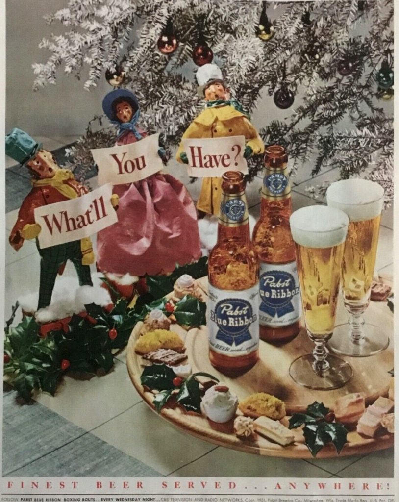 1950s Pabst blue ribbon ad featuring christmas caroller dolls and christmas cookies with beer by a Christmas Tree