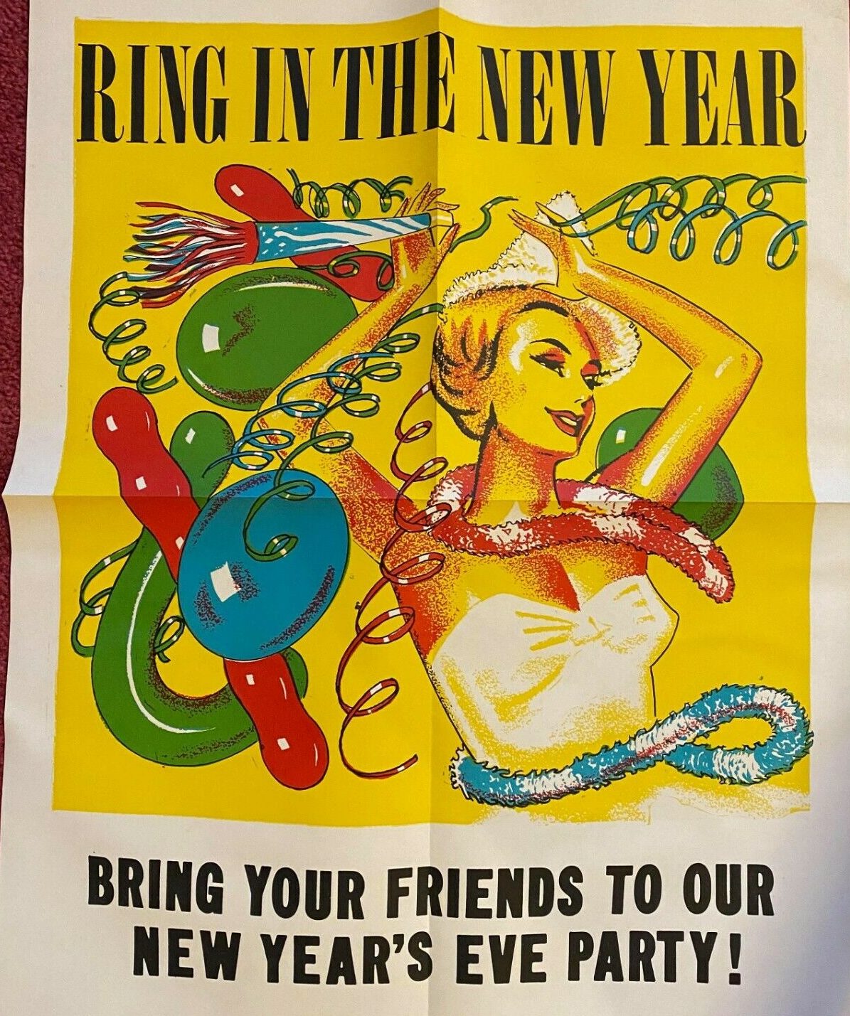 1950s Vintage New Year's Eve party poster featuring a woman in 1950s fashion and NYE party decor. 