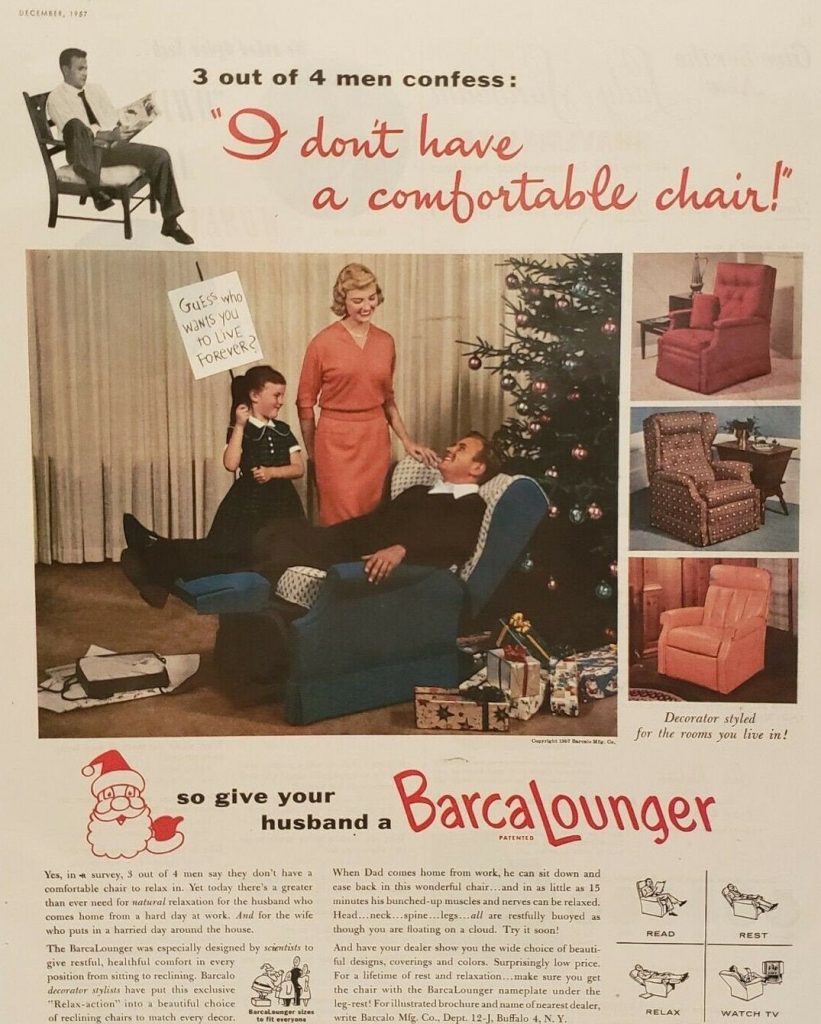 Vintage 1957 BarcaLounger Christmas Print Ad. 1950s Mid Century Furniture Ad