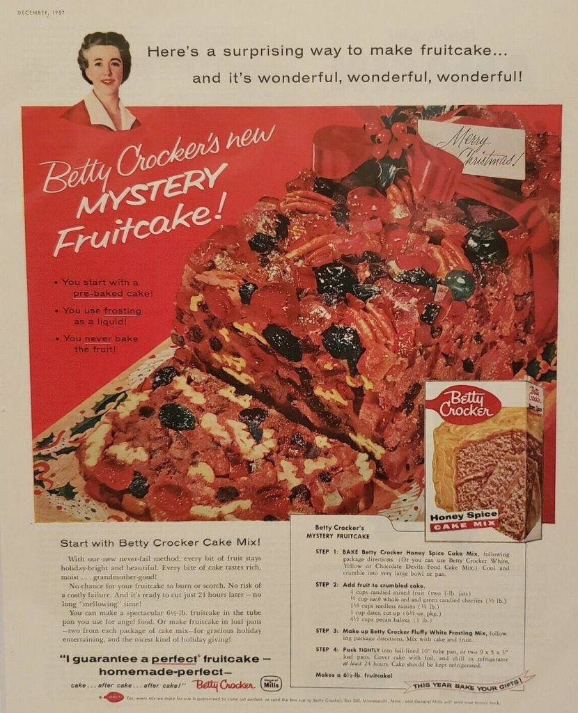 Vintage 1957 Betty Crocker Christmas Fruitcake Print Ad featuring a 1950s Baking Recipe for Fruitcake