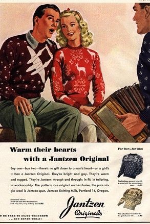 1940s Vintage ad: 1940s vintage Jantzen sweater ad for men & womens sweaters. Sweaters featuring a 1940s airplane and the other reindeers and snow. 