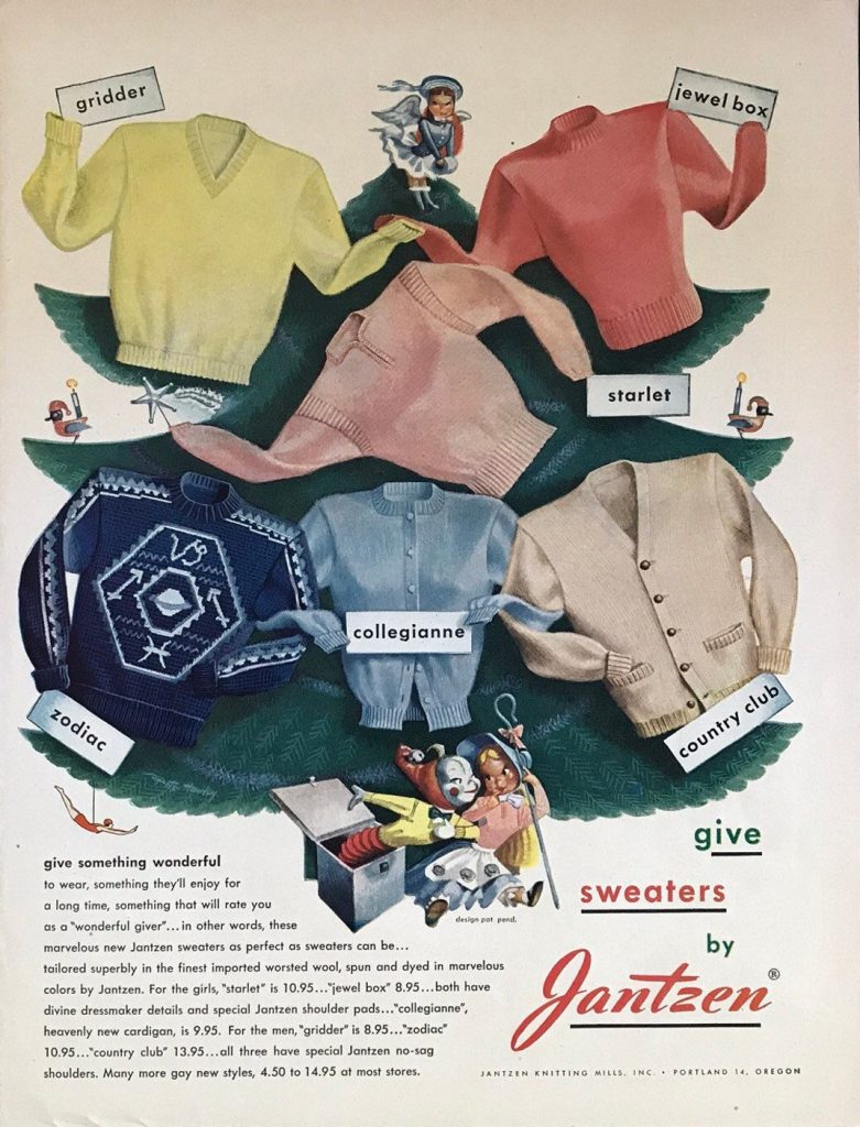 1940s vintage ad for Jantzen sweaters. 1940s fashions for women. 