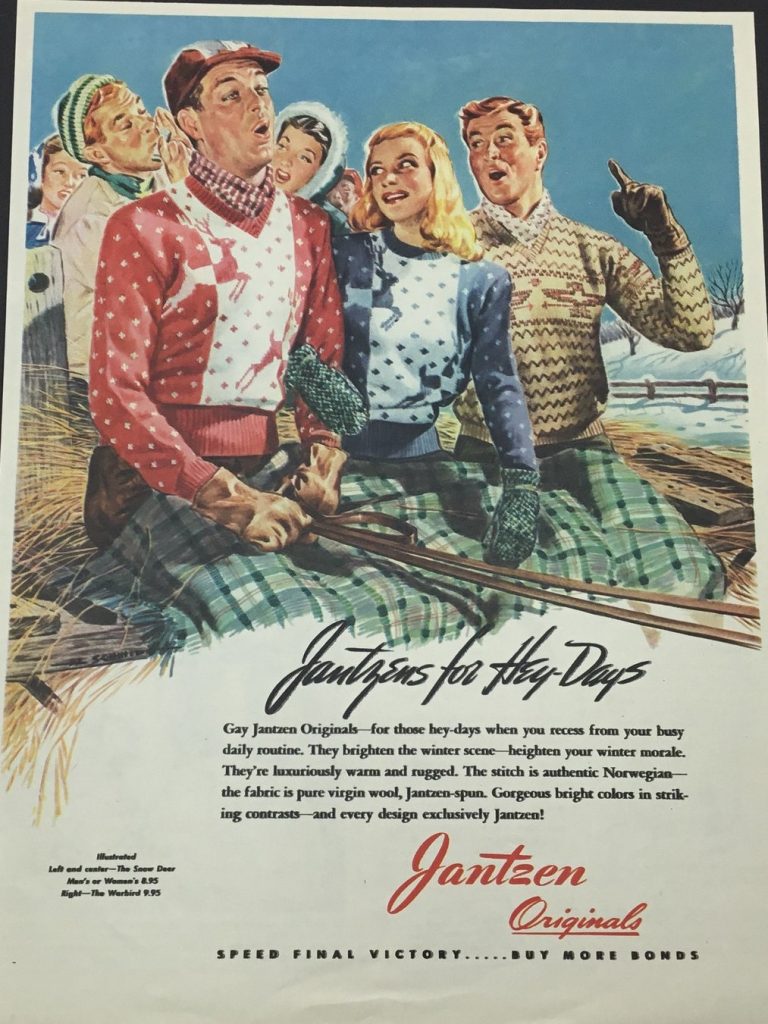 1940s Vintage Ad: 1940s vintage fashion ad for Jantzen sportswear featuring men and womens sweaters. 