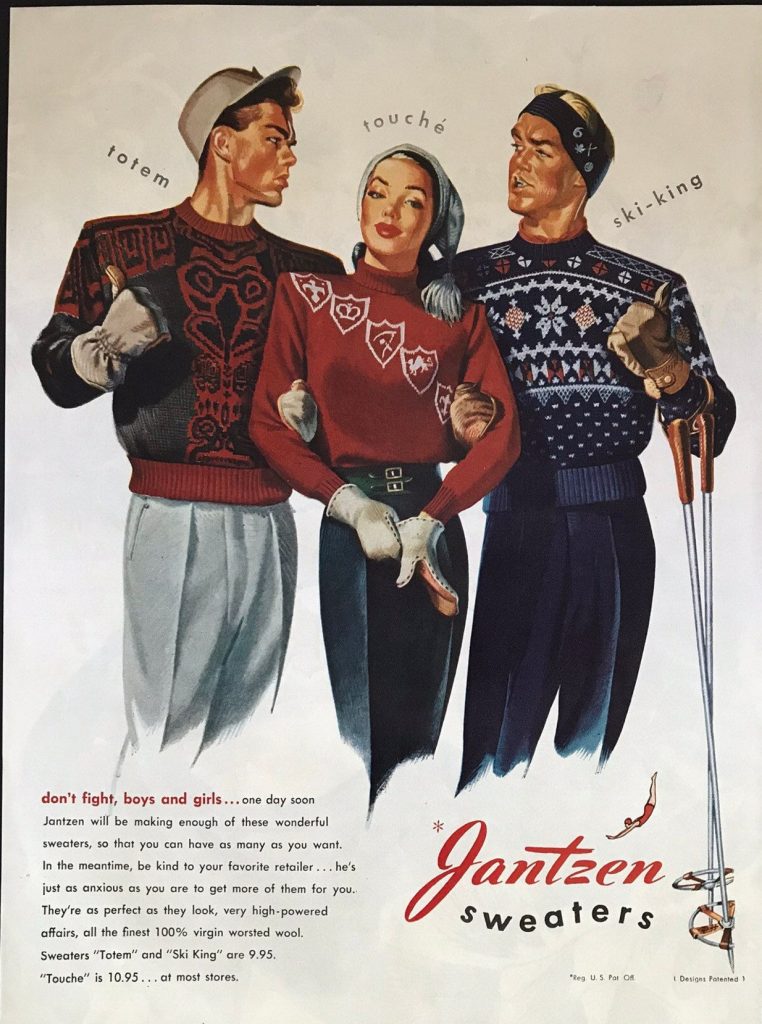 1940s Vintage Ad: 1940s vintage Jantzen sweater ad featuring sweaters for skiing. 1940s fashion. 