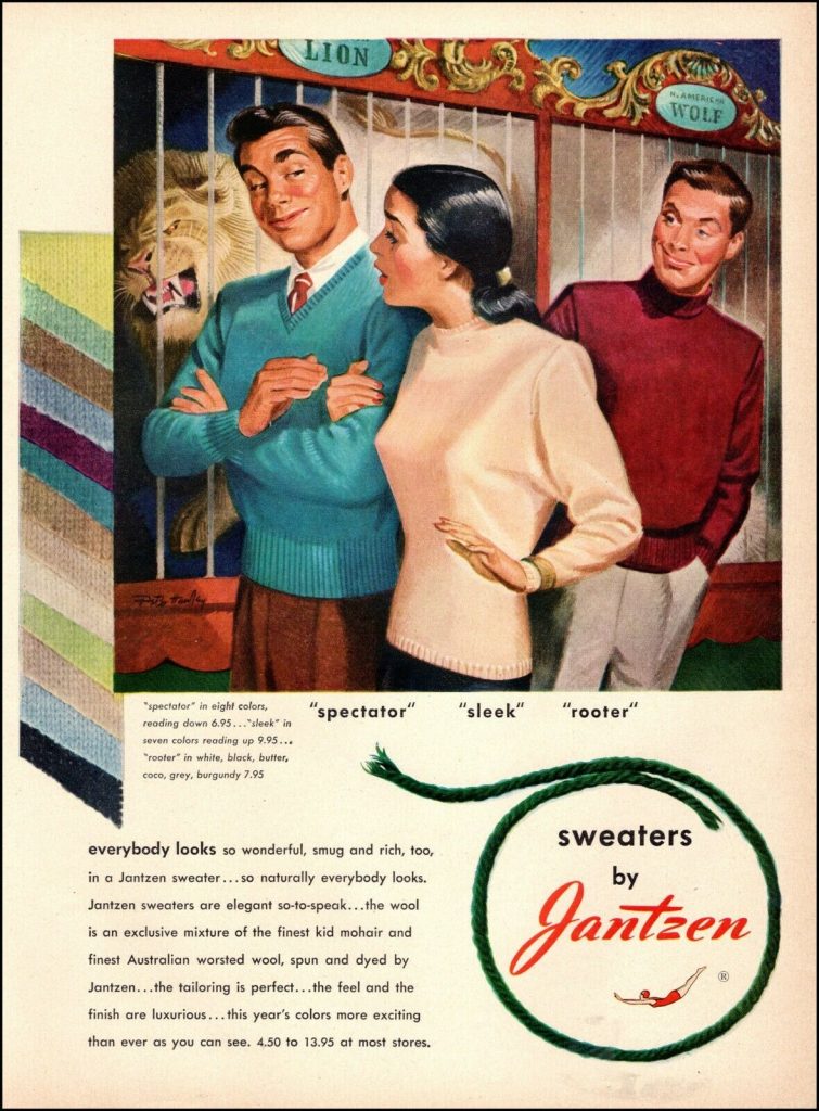 1940s Vintage Ad: 1947 Magazine advertisement for Jantzen Sweaters. Ad features men and women 1940s Sweaters. 