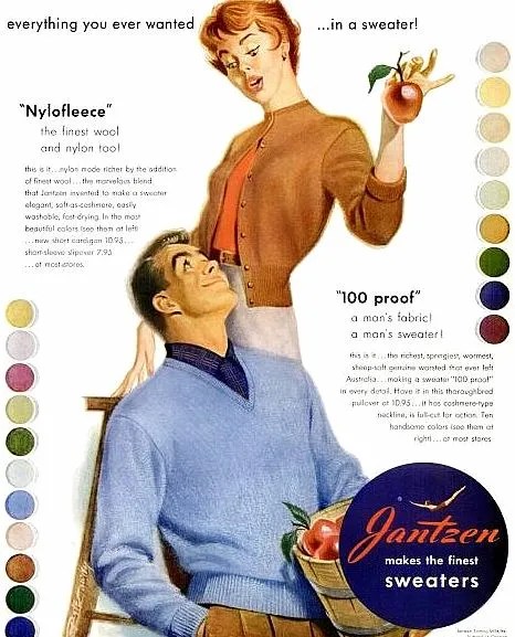 1950s Vintage Ad: 1950s Jantzen sweater ad featuring sweaters for men. 1950s mens fashion ad. 