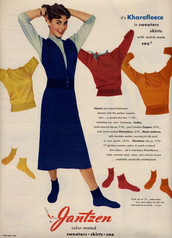 1950s Jantzen sweaters skirts and socks 1950s vintage ad 1950s fashion