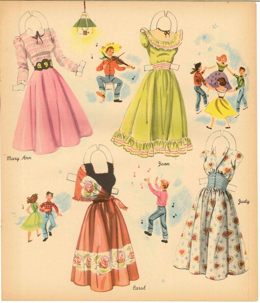 1950s fashions for teenagers going to a square dance as seen in a 1950s paper doll collection